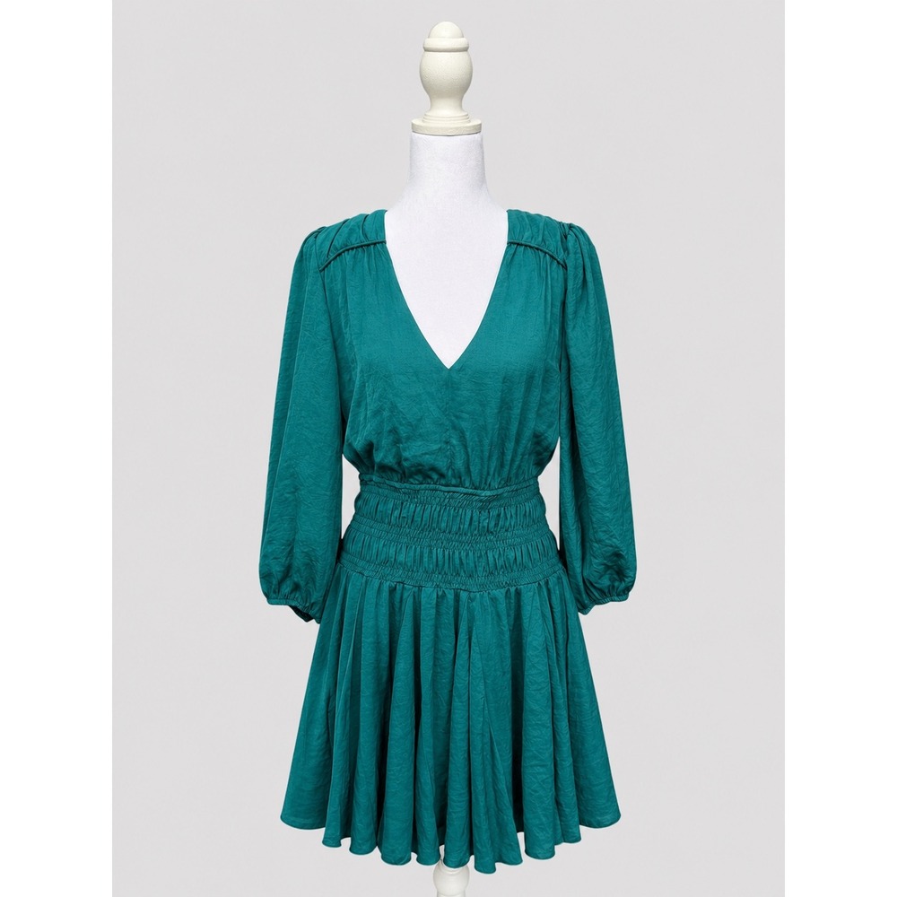 Elan Emerald Green V-Neck Smocked Waist Puff Sleeve Mini Dress JP50095 Size M